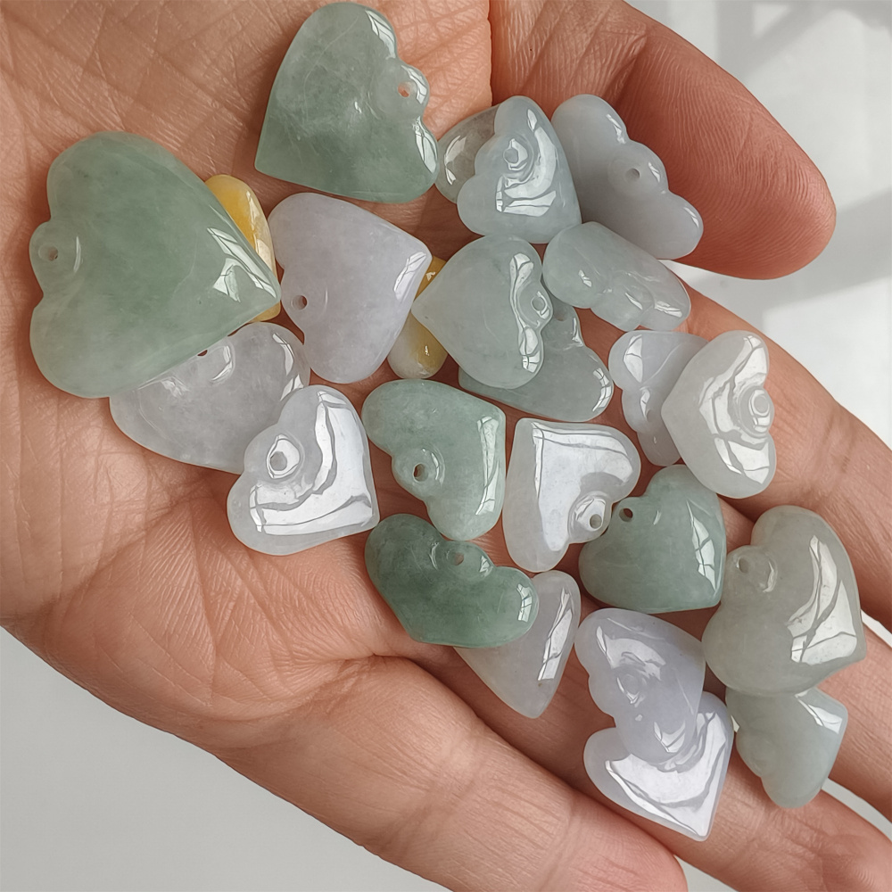 6pcs Natural Type A Green White With Yellow Icy Waxy Burmese Jadeite Heart Shaped Pendant,Burma Jadeite Loose Pendant,DIY Jewelry Supplies