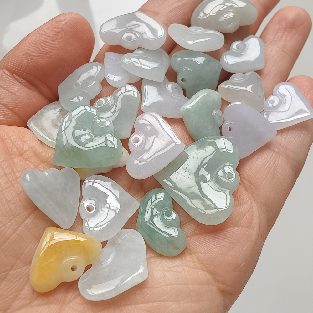6pcs Natural Type A Green White With Yellow Icy Waxy Burmese Jadeite Heart Shaped Pendant,Burma Jadeite Loose Pendant,DIY Jewelry Supplies
