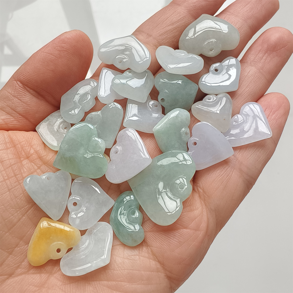 6pcs Natural Type A Green White With Yellow Icy Waxy Burmese Jadeite Heart Shaped Pendant,Burma Jadeite Loose Pendant,DIY Jewelry Supplies