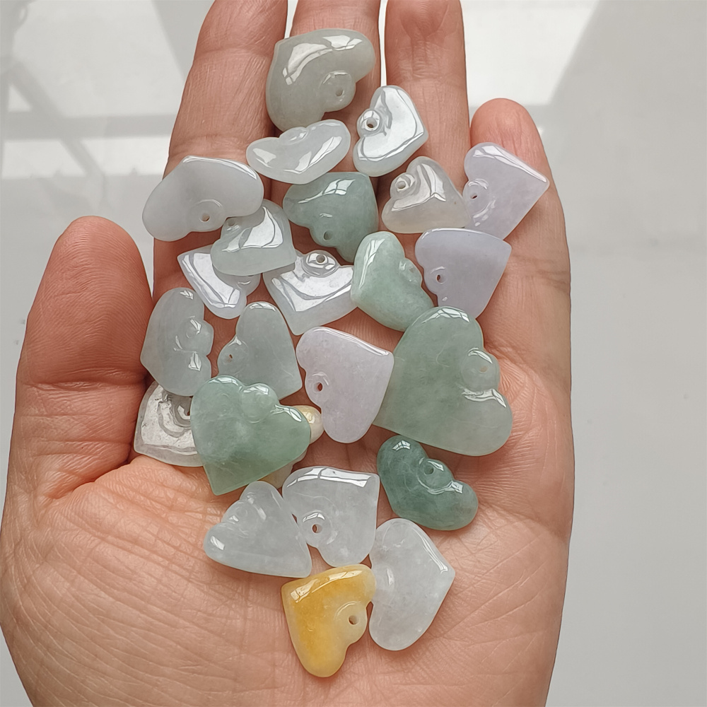 6pcs Natural Type A Green White With Yellow Icy Waxy Burmese Jadeite Heart Shaped Pendant,Burma Jadeite Loose Pendant,DIY Jewelry Supplies