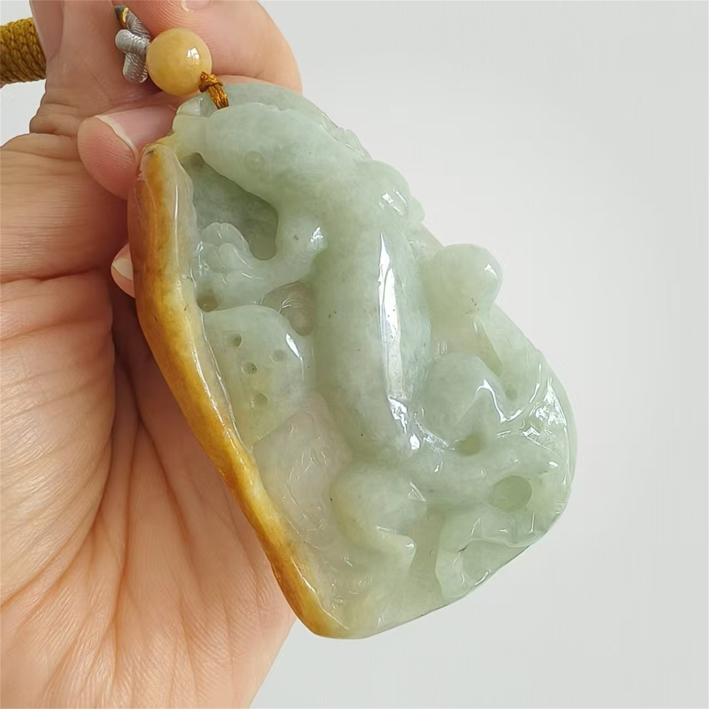Unique Certificated Natural Type A Untreated Yellow Green Watery Burmese Jadeite Irregular Pendant With Gecko Carved,Amulet Pendant,DIY Jewelry Supplies