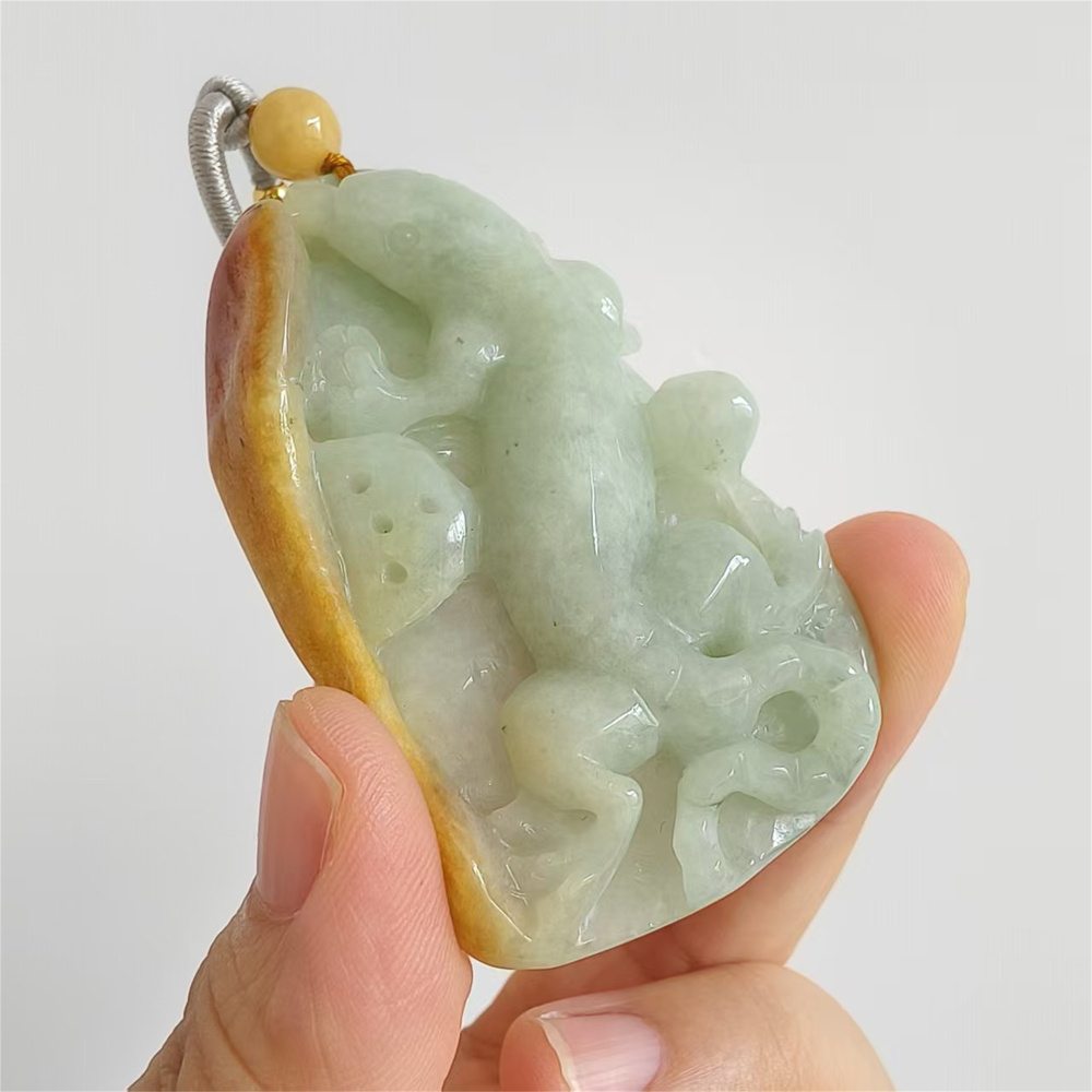 Unique Certificated Natural Type A Untreated Yellow Green Watery Burmese Jadeite Irregular Pendant With Gecko Carved,Amulet Pendant,DIY Jewelry Supplies