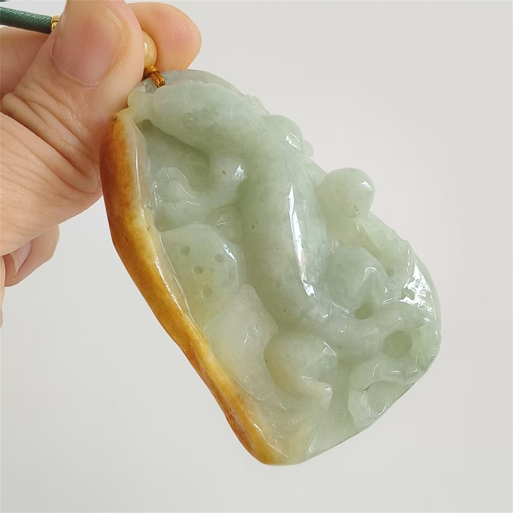 Unique Certificated Natural Type A Untreated Yellow Green Watery Burmese Jadeite Irregular Pendant With Gecko Carved,Amulet Pendant,DIY Jewelry Supplies
