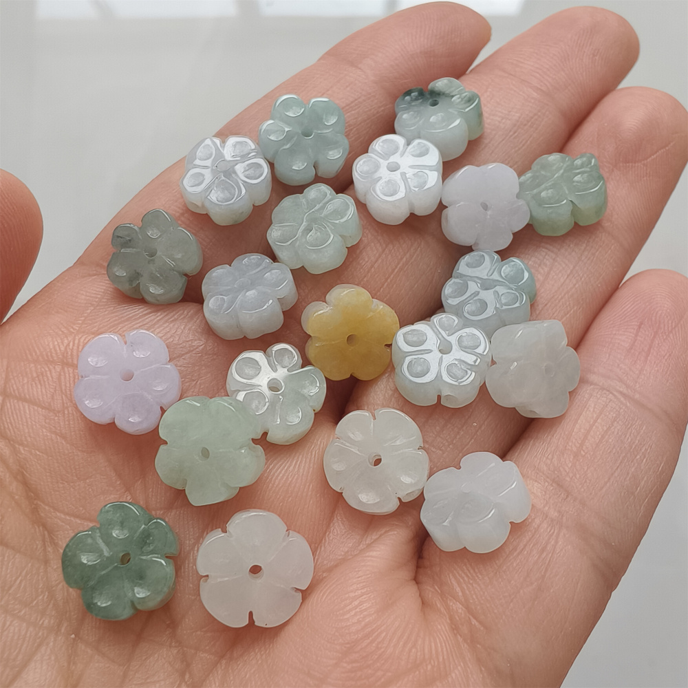 5Pcs Natural Type A Untreated Icy Waxy Green White With Yellow Burmese Jadeite Plum Blossom Shaped Beads,Burma Jadeite Loose Beads,DIY Jewelry Supplies