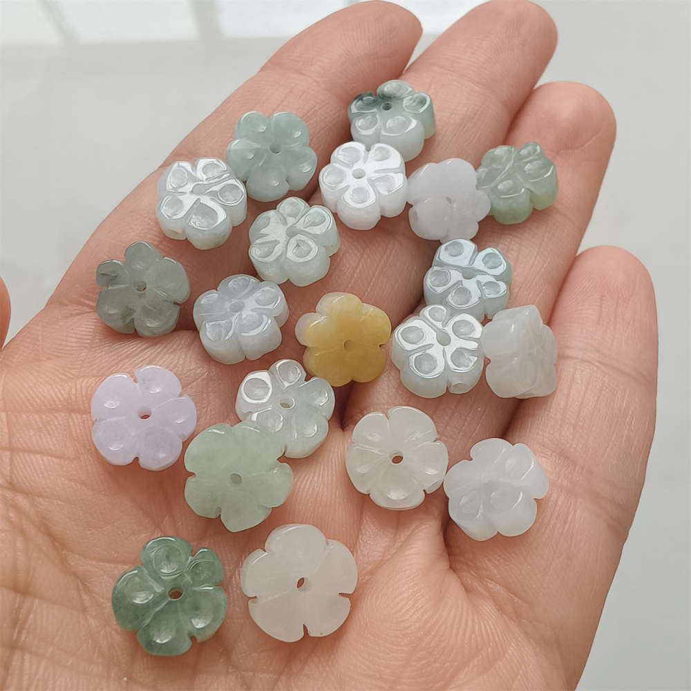 5Pcs Natural Type A Untreated Icy Waxy Green White With Yellow Burmese Jadeite Plum Blossom Shaped Beads,Burma Jadeite Loose Beads,DIY Jewelry Supplies