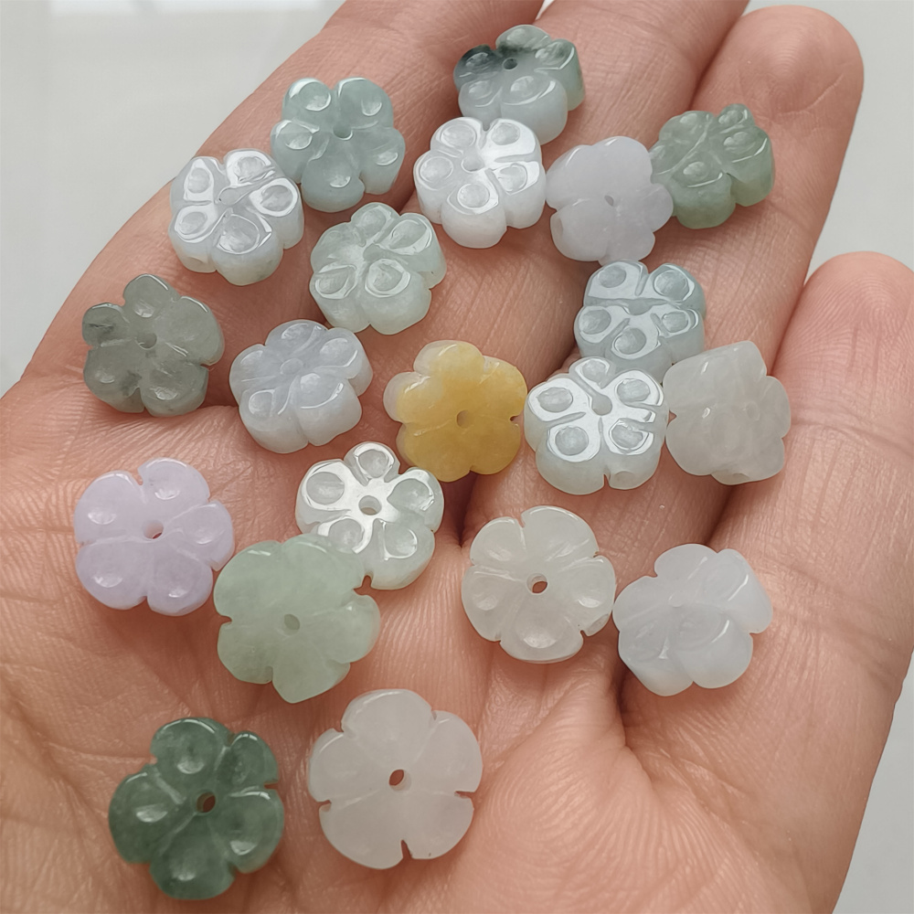 5Pcs Natural Type A Untreated Icy Waxy Green White With Yellow Burmese Jadeite Plum Blossom Shaped Beads,Burma Jadeite Loose Beads,DIY Jewelry Supplies