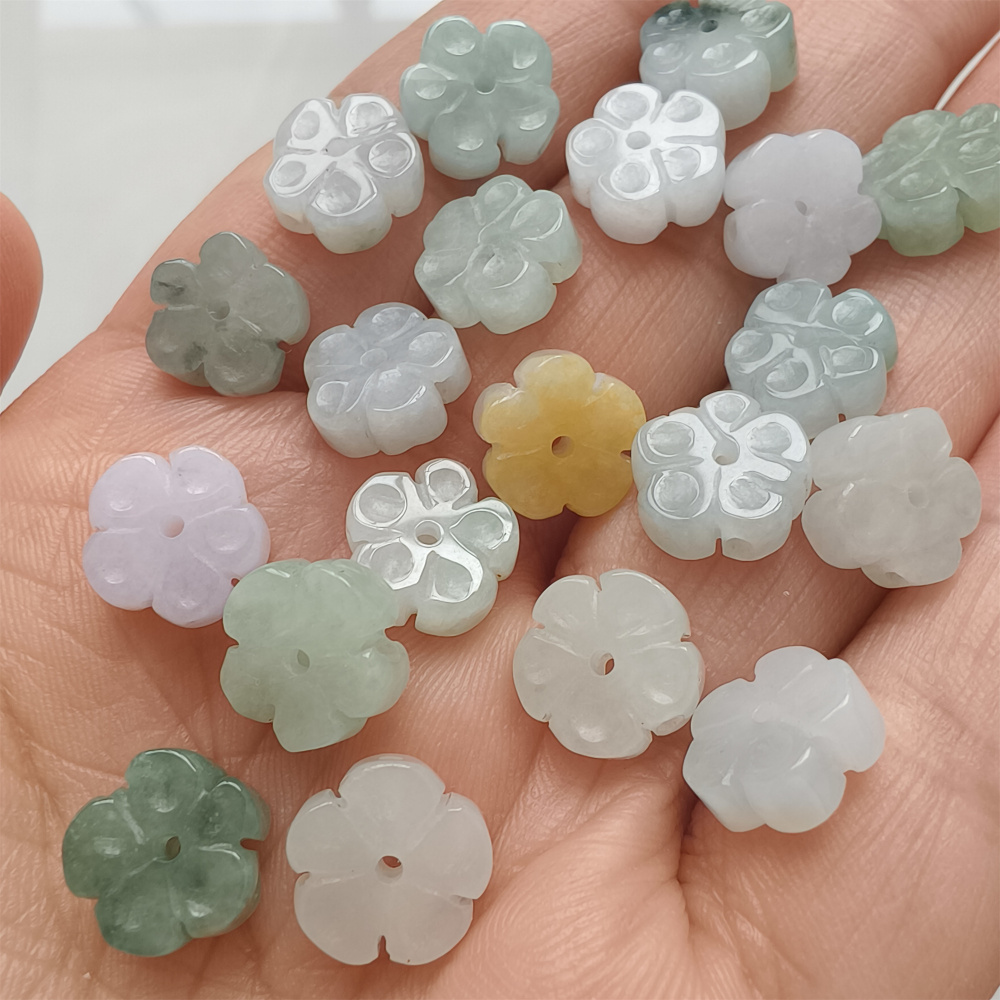 5Pcs Natural Type A Untreated Icy Waxy Green White With Yellow Burmese Jadeite Plum Blossom Shaped Beads,Burma Jadeite Loose Beads,DIY Jewelry Supplies