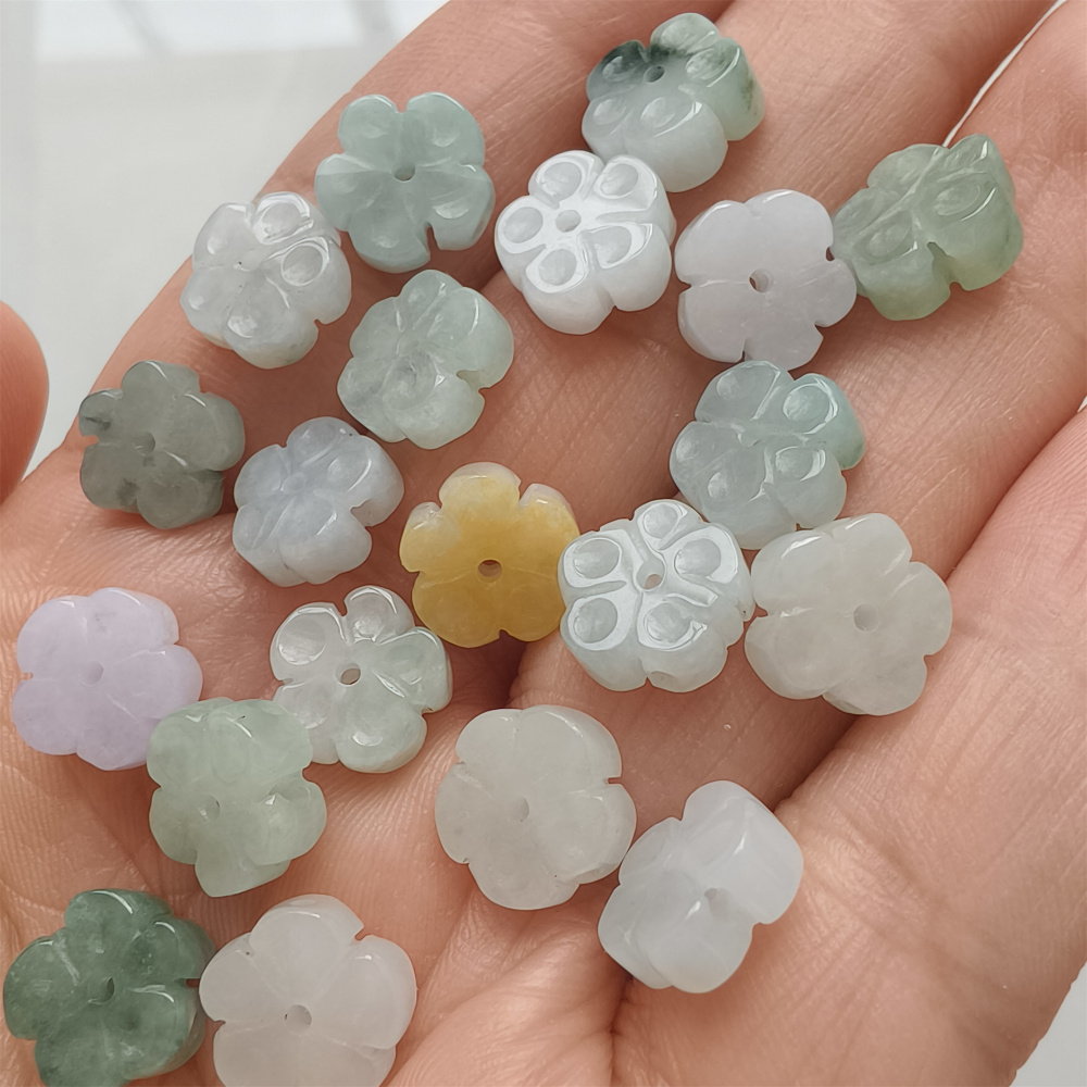 5Pcs Natural Type A Untreated Icy Waxy Green White With Yellow Burmese Jadeite Plum Blossom Shaped Beads,Burma Jadeite Loose Beads,DIY Jewelry Supplies