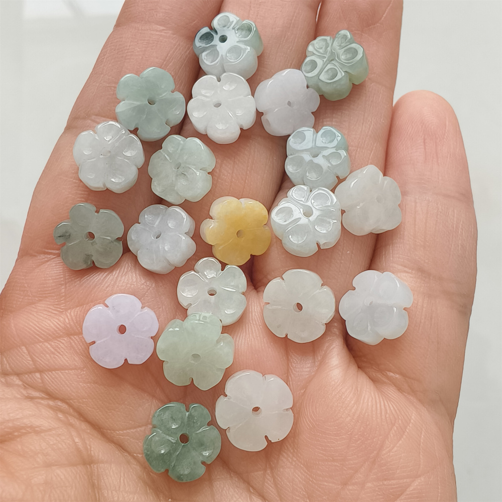5Pcs Natural Type A Untreated Icy Waxy Green White With Yellow Burmese Jadeite Plum Blossom Shaped Beads,Burma Jadeite Loose Beads,DIY Jewelry Supplies