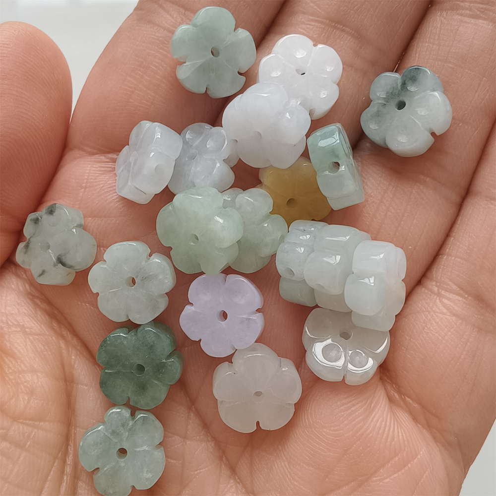 5Pcs Natural Type A Untreated Icy Waxy Green White With Yellow Burmese Jadeite Plum Blossom Shaped Beads,Burma Jadeite Loose Beads,DIY Jewelry Supplies