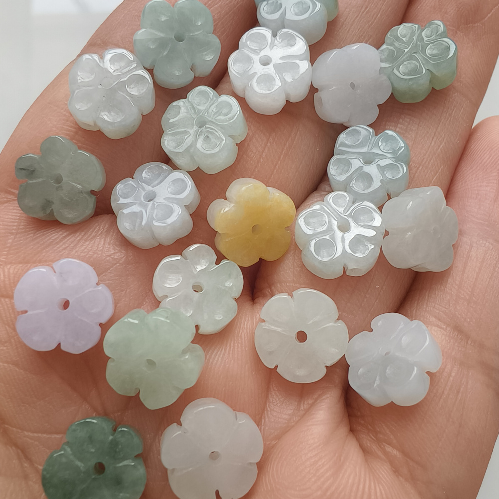 5Pcs Natural Type A Untreated Icy Waxy Green White With Yellow Burmese Jadeite Plum Blossom Shaped Beads,Burma Jadeite Loose Beads,DIY Jewelry Supplies