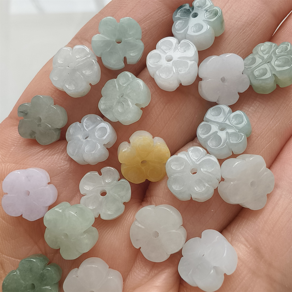 5Pcs Natural Type A Untreated Icy Waxy Green White With Yellow Burmese Jadeite Plum Blossom Shaped Beads,Burma Jadeite Loose Beads,DIY Jewelry Supplies