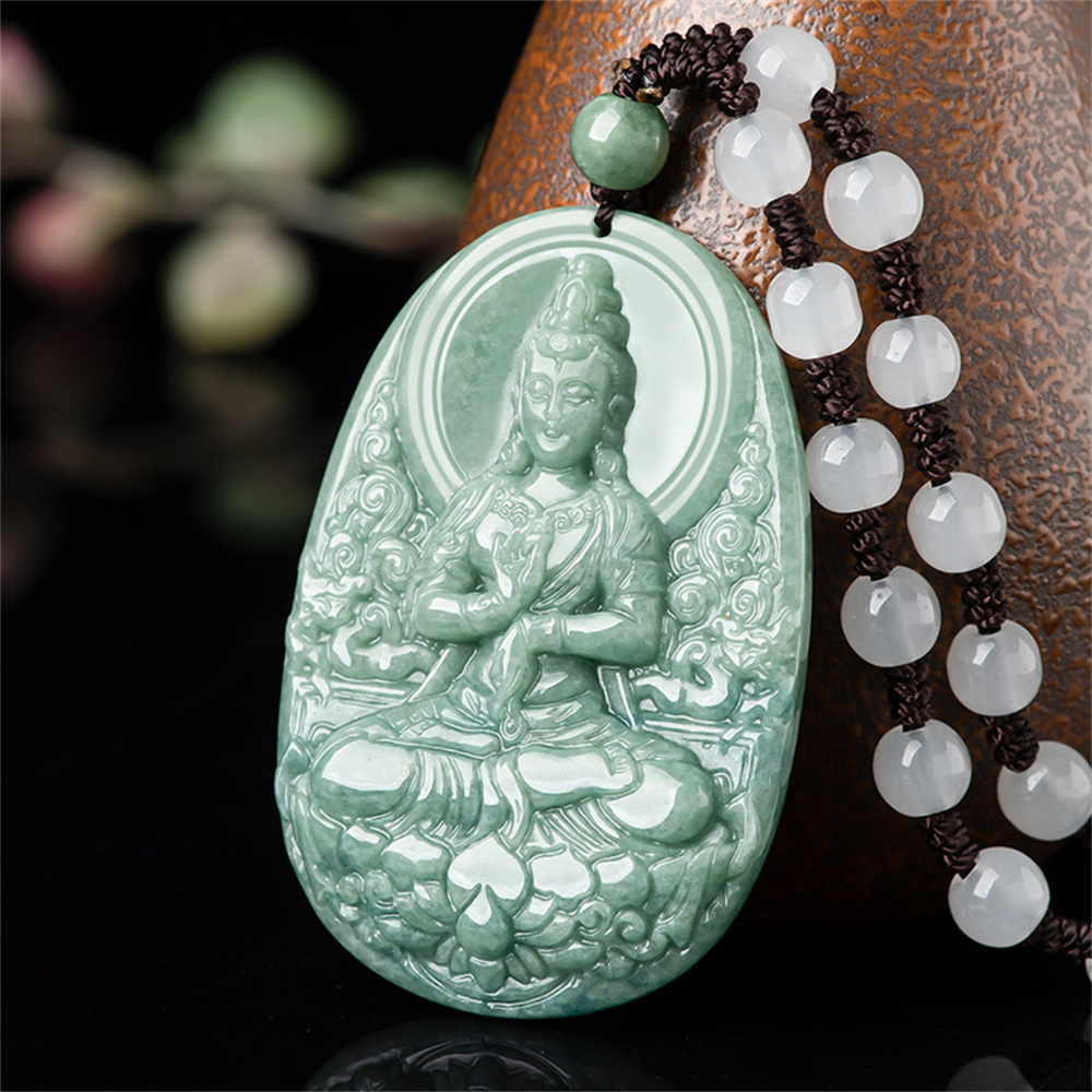 Natural Type A Untreated Bean Green Watery Burmese Jadeite Hand Carved Guanyin Pendant With Lotus Carved,Amulet Pendant,DIY Jewelry Supplies