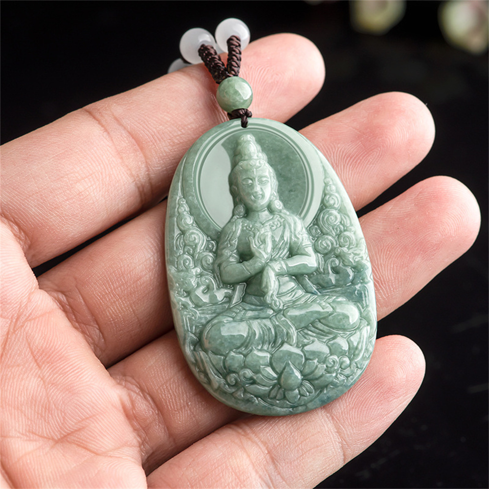 Natural Type A Untreated Bean Green Watery Burmese Jadeite Hand Carved Guanyin Pendant With Lotus Carved,Amulet Pendant,DIY Jewelry Supplies