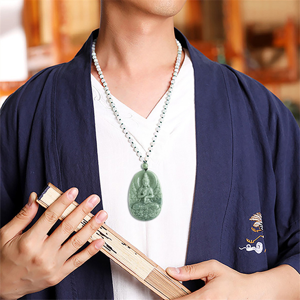 Natural Type A Untreated Bean Green Watery Burmese Jadeite Hand Carved Guanyin Pendant With Lotus Carved,Amulet Pendant,DIY Jewelry Supplies