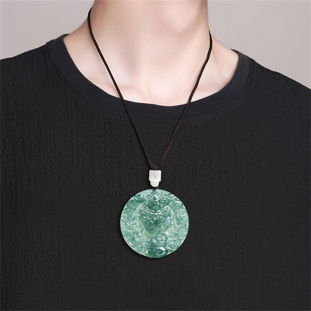 Natural Type A Untreated Blue Watery Guatemalan Jadeite Round Pendant With God of Wealth And Ingot Carved,Amulet Pendant,DIY Jewelry Supplies
