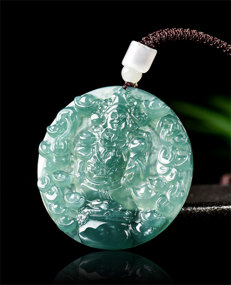 Natural Type A Untreated Blue Watery Guatemalan Jadeite Round Pendant With God of Wealth And Ingot Carved,Amulet Pendant,DIY Jewelry Supplies