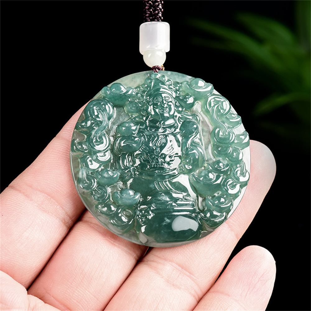 Natural Type A Untreated Blue Watery Guatemalan Jadeite Round Pendant With God of Wealth And Ingot Carved,Amulet Pendant,DIY Jewelry Supplies