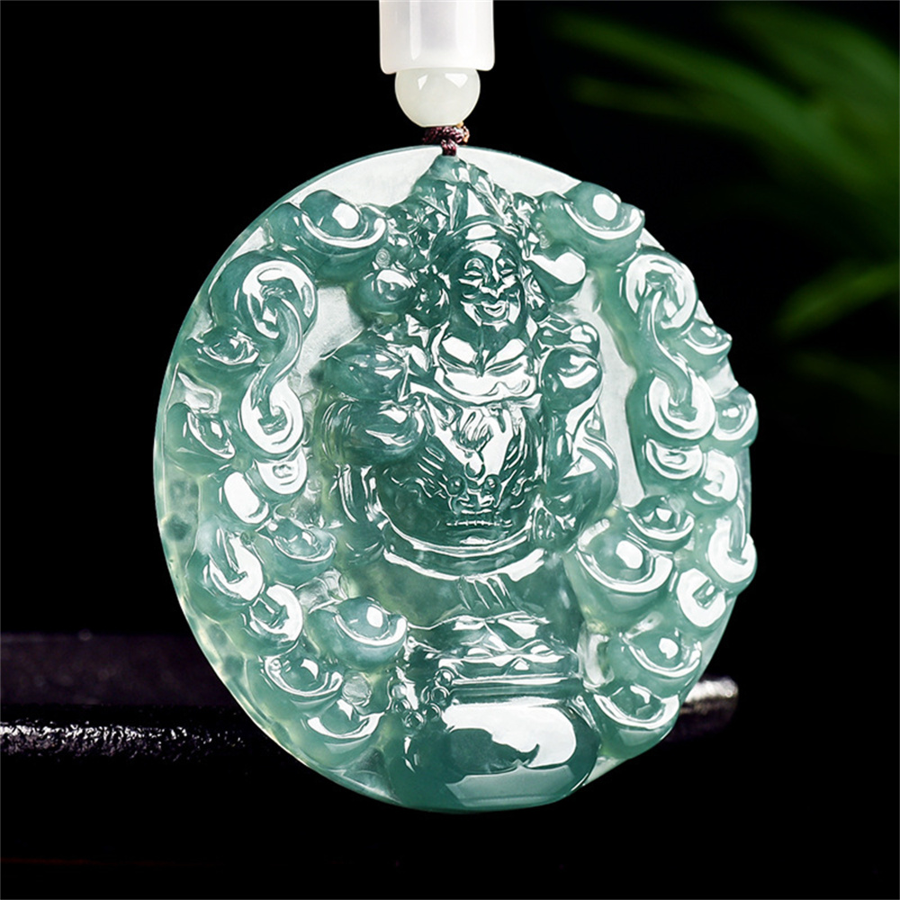 Natural Type A Untreated Blue Watery Guatemalan Jadeite Round Pendant With God of Wealth And Ingot Carved,Amulet Pendant,DIY Jewelry Supplies