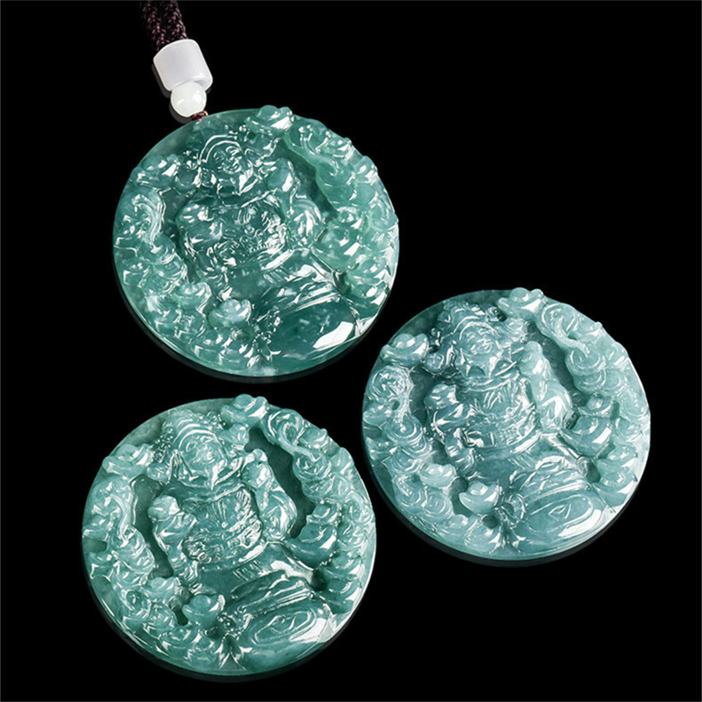 Natural Type A Untreated Blue Watery Guatemalan Jadeite Round Pendant With God of Wealth And Ingot Carved,Amulet Pendant,DIY Jewelry Supplies