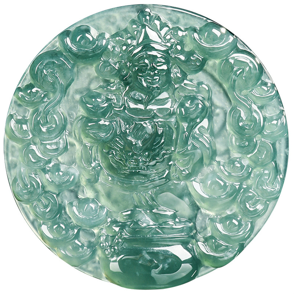 Natural Type A Untreated Blue Watery Guatemalan Jadeite Round Pendant With God of Wealth And Ingot Carved,Amulet Pendant,DIY Jewelry Supplies