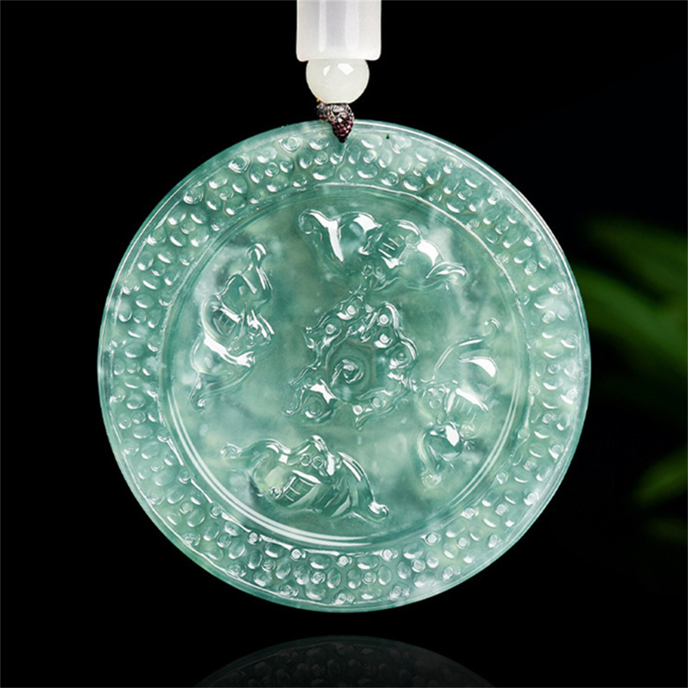 Natural Type A Untreated Blue Watery Guatemalan Jadeite Round Pendant With God of Wealth And Ingot Carved,Amulet Pendant,DIY Jewelry Supplies