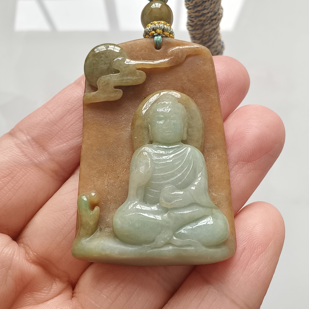 Unique Certificated Natural Type A Untreated Green Yellow Waxy Burmese Jadeite Rectangle Pendant With Buddha Carved,悟道,DIY Jewelry Supplies