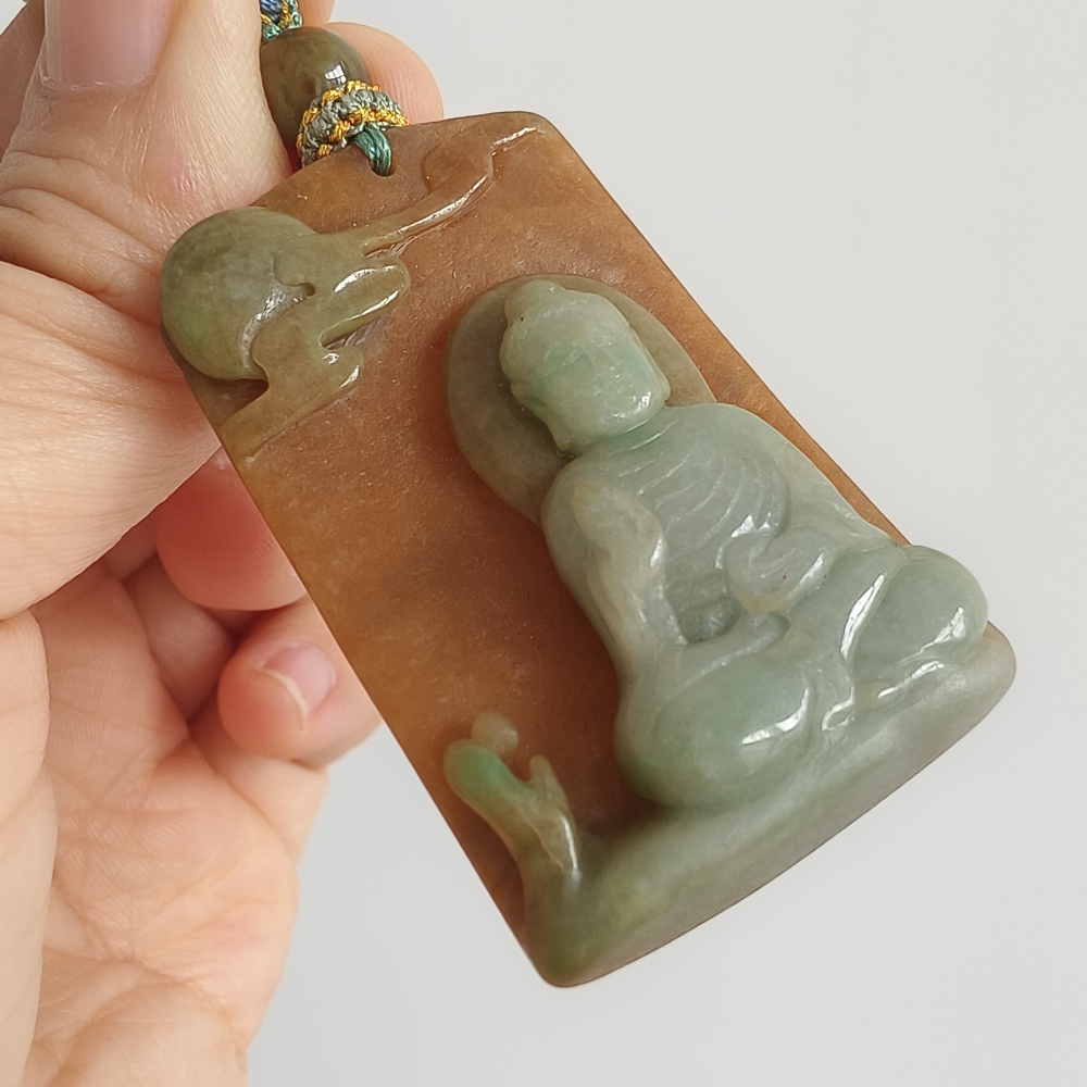 Unique Certificated Natural Type A Untreated Green Yellow Waxy Burmese Jadeite Rectangle Pendant With Buddha Carved,悟道,DIY Jewelry Supplies
