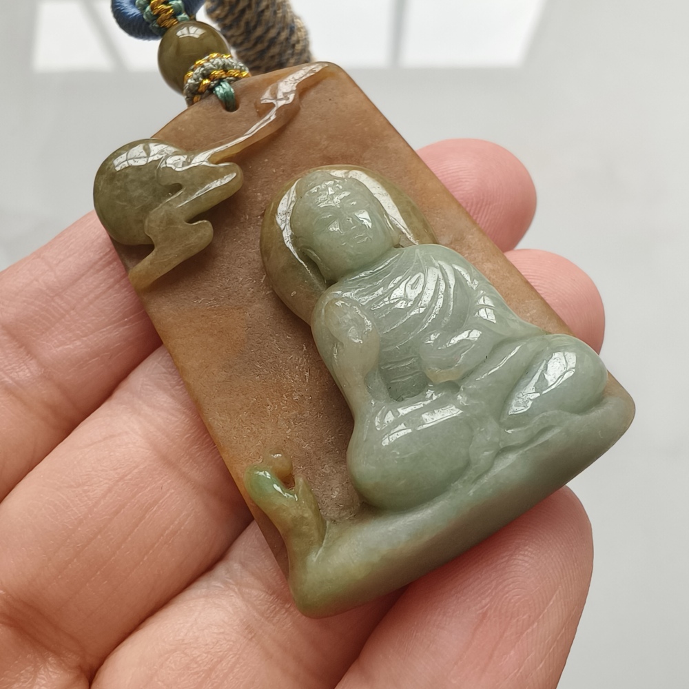 Unique Certificated Natural Type A Untreated Green Yellow Waxy Burmese Jadeite Rectangle Pendant With Buddha Carved,悟道,DIY Jewelry Supplies