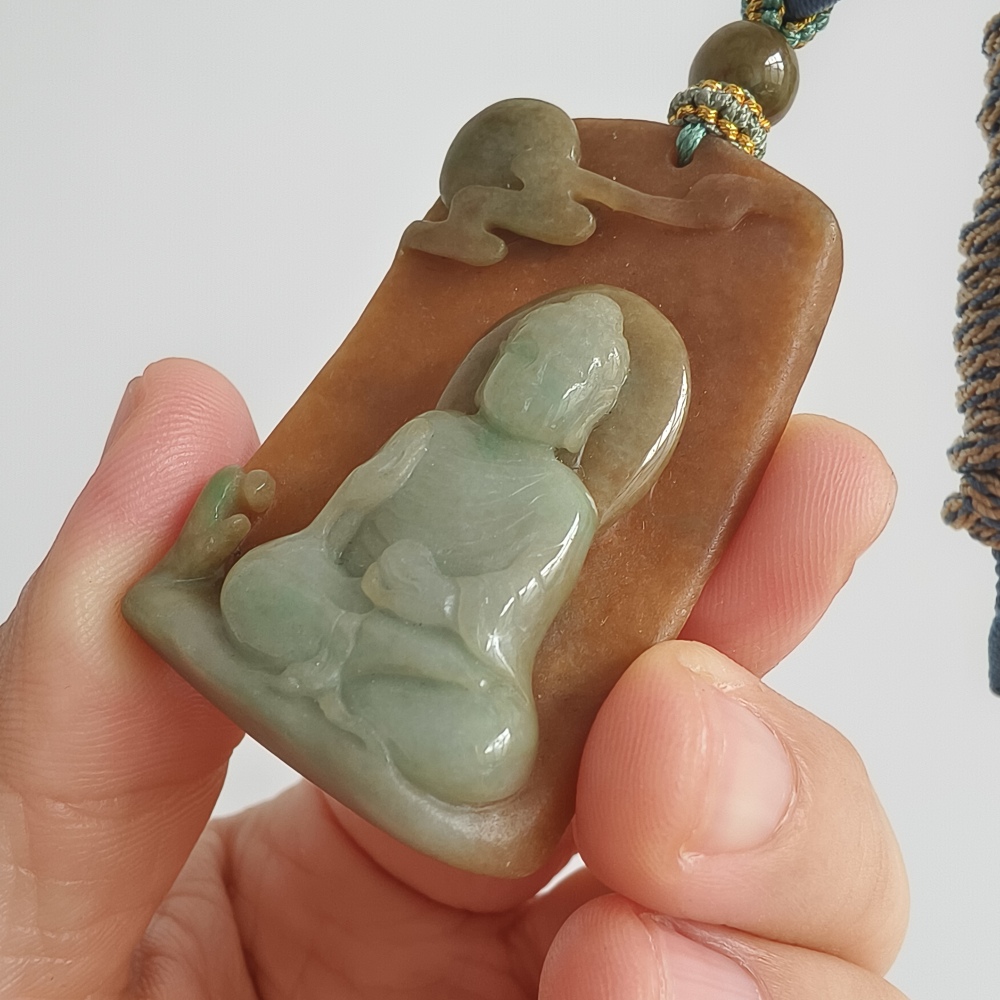 Unique Certificated Natural Type A Untreated Green Yellow Waxy Burmese Jadeite Rectangle Pendant With Buddha Carved,悟道,DIY Jewelry Supplies