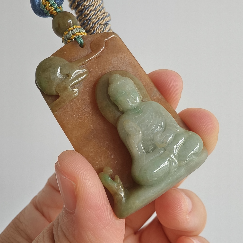 Unique Certificated Natural Type A Untreated Green Yellow Waxy Burmese Jadeite Rectangle Pendant With Buddha Carved,悟道,DIY Jewelry Supplies