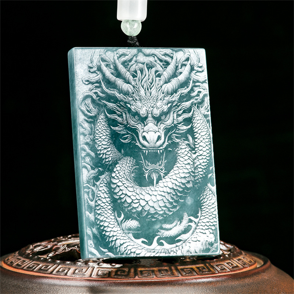Natural Type A Untreated Blue Watery Guatemalan Jadeite Rectangle Pendant With Dragon Pattern,Amulet Pendant,DIY Jewelry Supplies