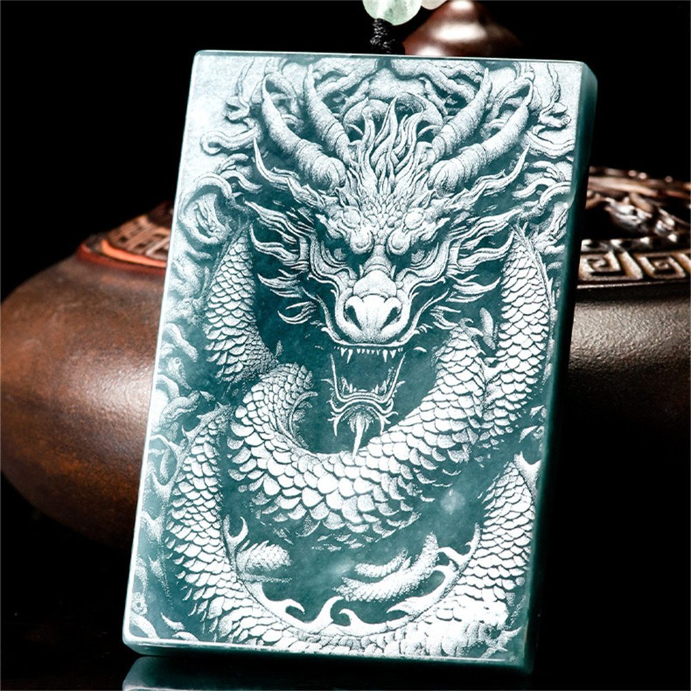 Natural Type A Untreated Blue Watery Guatemalan Jadeite Rectangle Pendant With Dragon Pattern,Amulet Pendant,DIY Jewelry Supplies
