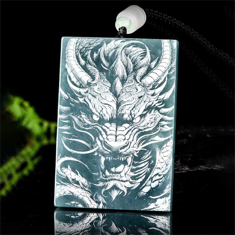 Natural Type A Untreated Blue Watery Guatemalan Jadeite Rectangle Pendant With Dragon Pattern,Amulet Pendant,DIY Jewelry Supplies