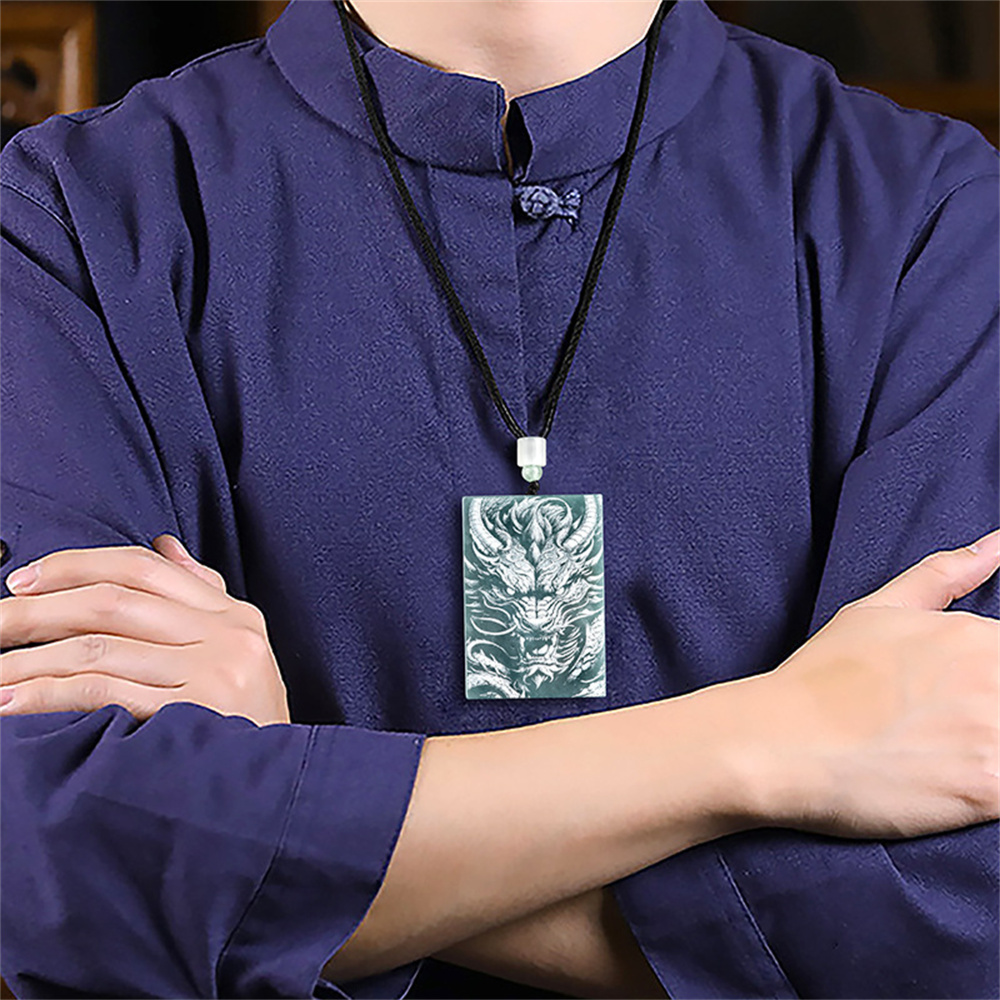 Natural Type A Untreated Blue Watery Guatemalan Jadeite Rectangle Pendant With Dragon Pattern,Amulet Pendant,DIY Jewelry Supplies