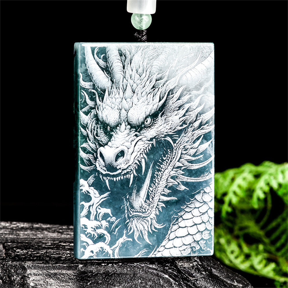 Natural Type A Untreated Blue Watery Guatemalan Jadeite Rectangle Pendant With Dragon Pattern,Amulet Pendant,DIY Jewelry Supplies