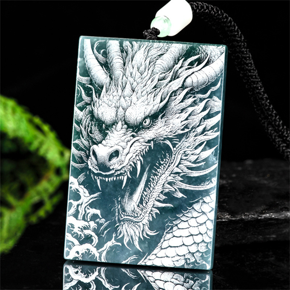Natural Type A Untreated Blue Watery Guatemalan Jadeite Rectangle Pendant With Dragon Pattern,Amulet Pendant,DIY Jewelry Supplies