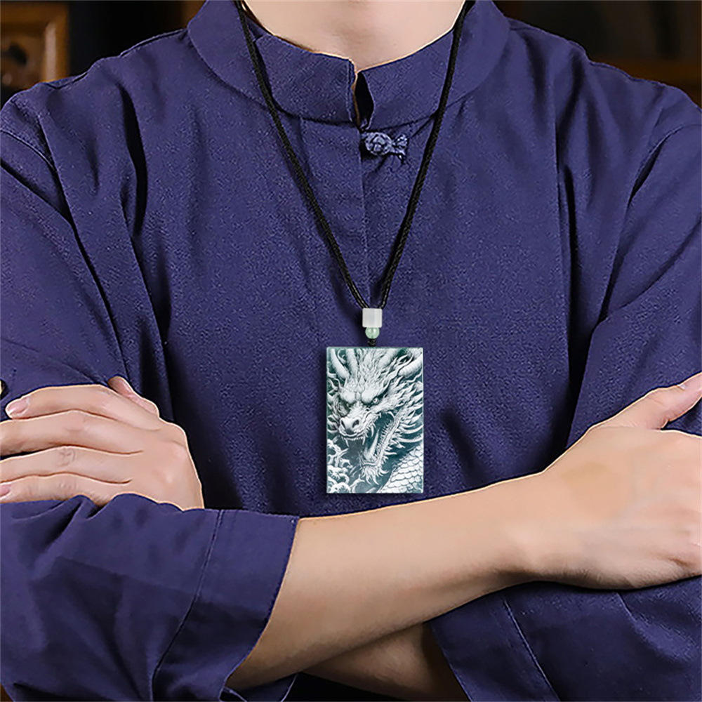 Natural Type A Untreated Blue Watery Guatemalan Jadeite Rectangle Pendant With Dragon Pattern,Amulet Pendant,DIY Jewelry Supplies