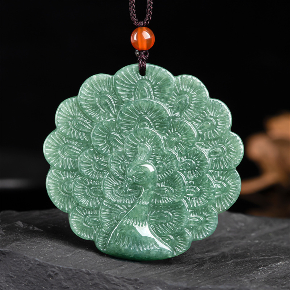 Natural Type A Untreated Bean Green Watery Burmese Jadeite Round Pendant With Peacock Carved,Green Jadeite Pendant,DIY Jewelry Supplies