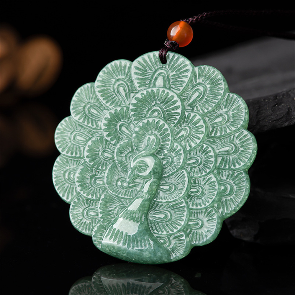 Natural Type A Untreated Bean Green Watery Burmese Jadeite Round Pendant With Peacock Carved,Green Jadeite Pendant,DIY Jewelry Supplies