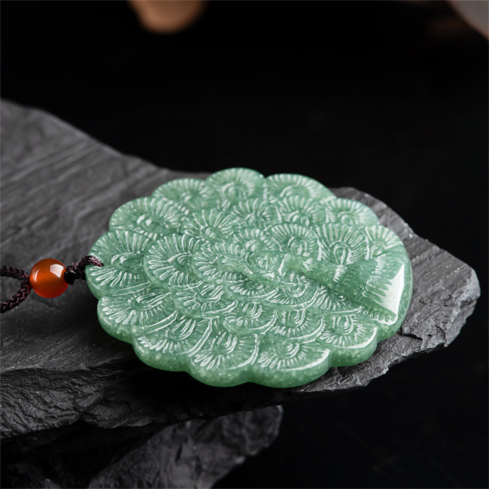 Natural Type A Untreated Bean Green Watery Burmese Jadeite Round Pendant With Peacock Carved,Green Jadeite Pendant,DIY Jewelry Supplies