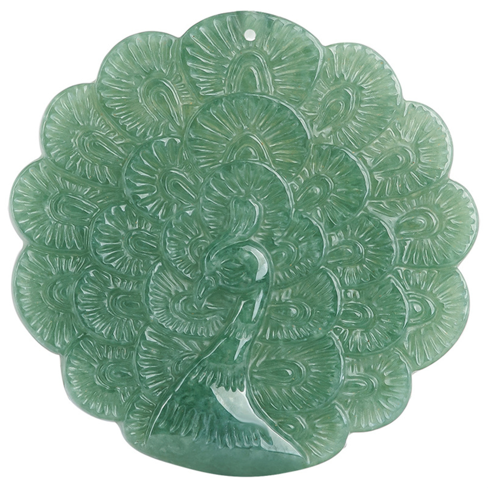 Natural Type A Untreated Bean Green Watery Burmese Jadeite Round Pendant With Peacock Carved,Green Jadeite Pendant,DIY Jewelry Supplies