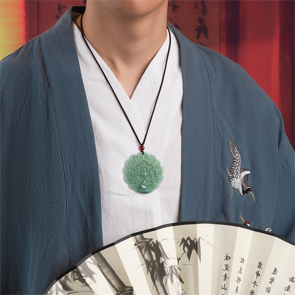 Natural Type A Untreated Bean Green Watery Burmese Jadeite Round Pendant With Peacock Carved,Green Jadeite Pendant,DIY Jewelry Supplies