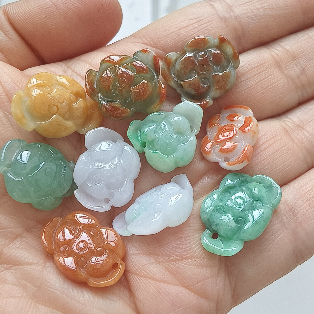 5pcs Natural Hand Carved Yellow Red White With Green Burmese Jadeite Lotus Pendants,Multi Colors Jadeite Pendants,DIY Jewelry Supplies