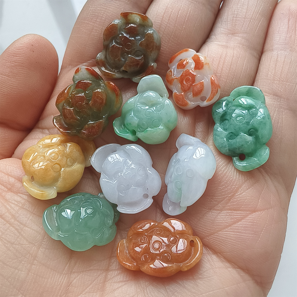 5pcs Natural Hand Carved Yellow Red White With Green Burmese Jadeite Lotus Pendants,Multi Colors Jadeite Pendants,DIY Jewelry Supplies