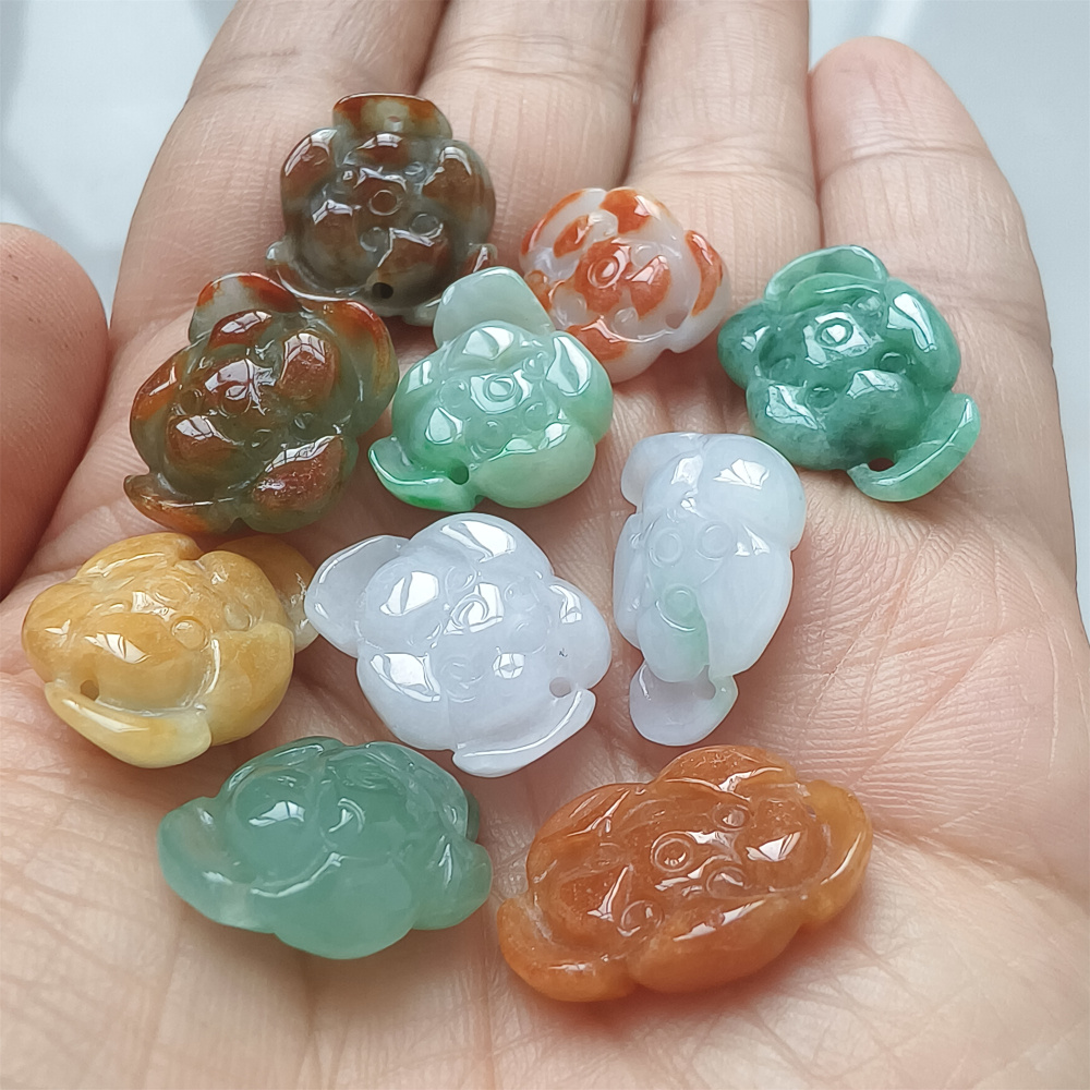 5pcs Natural Hand Carved Yellow Red White With Green Burmese Jadeite Lotus Pendants,Multi Colors Jadeite Pendants,DIY Jewelry Supplies
