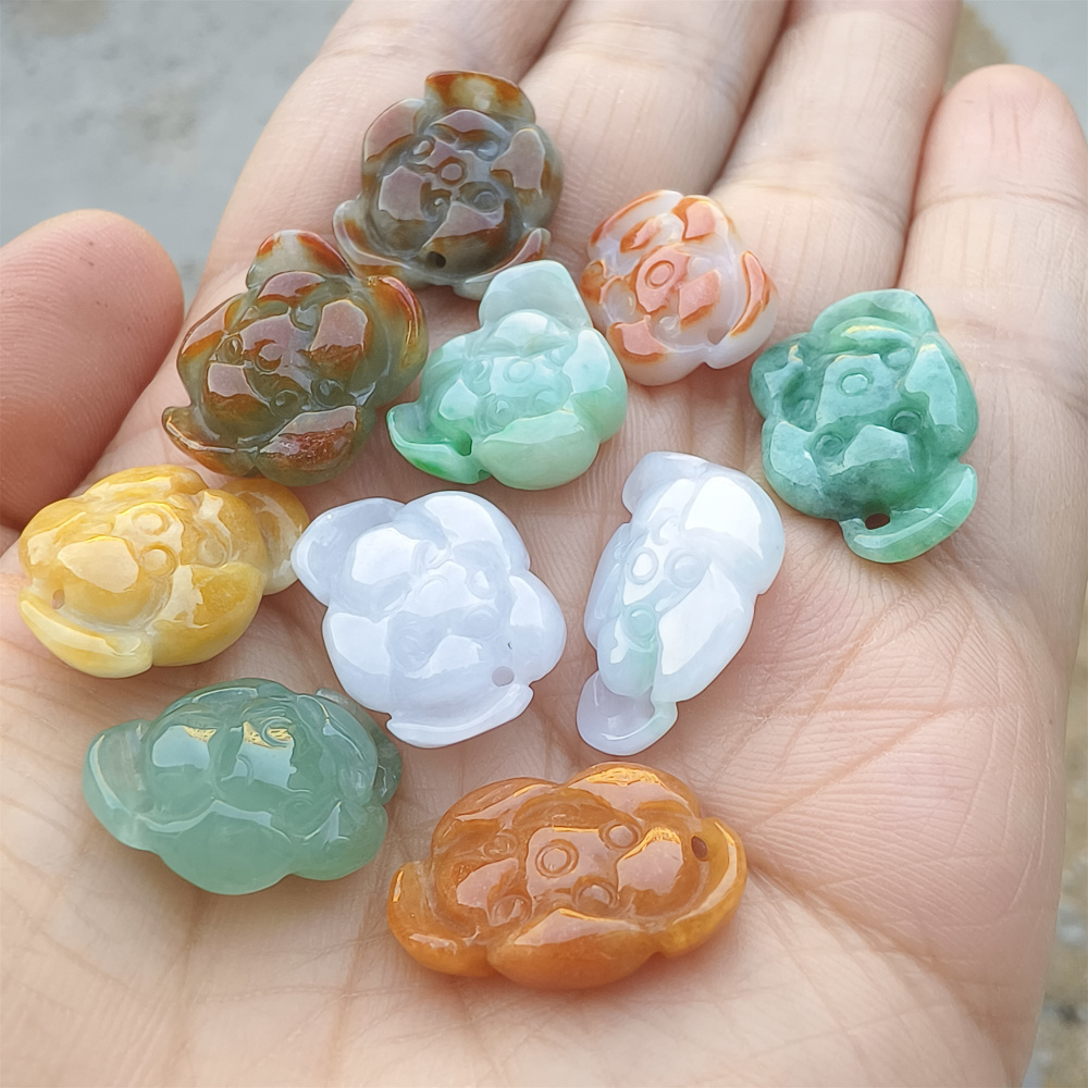 5pcs Natural Hand Carved Yellow Red White With Green Burmese Jadeite Lotus Pendants,Multi Colors Jadeite Pendants,DIY Jewelry Supplies