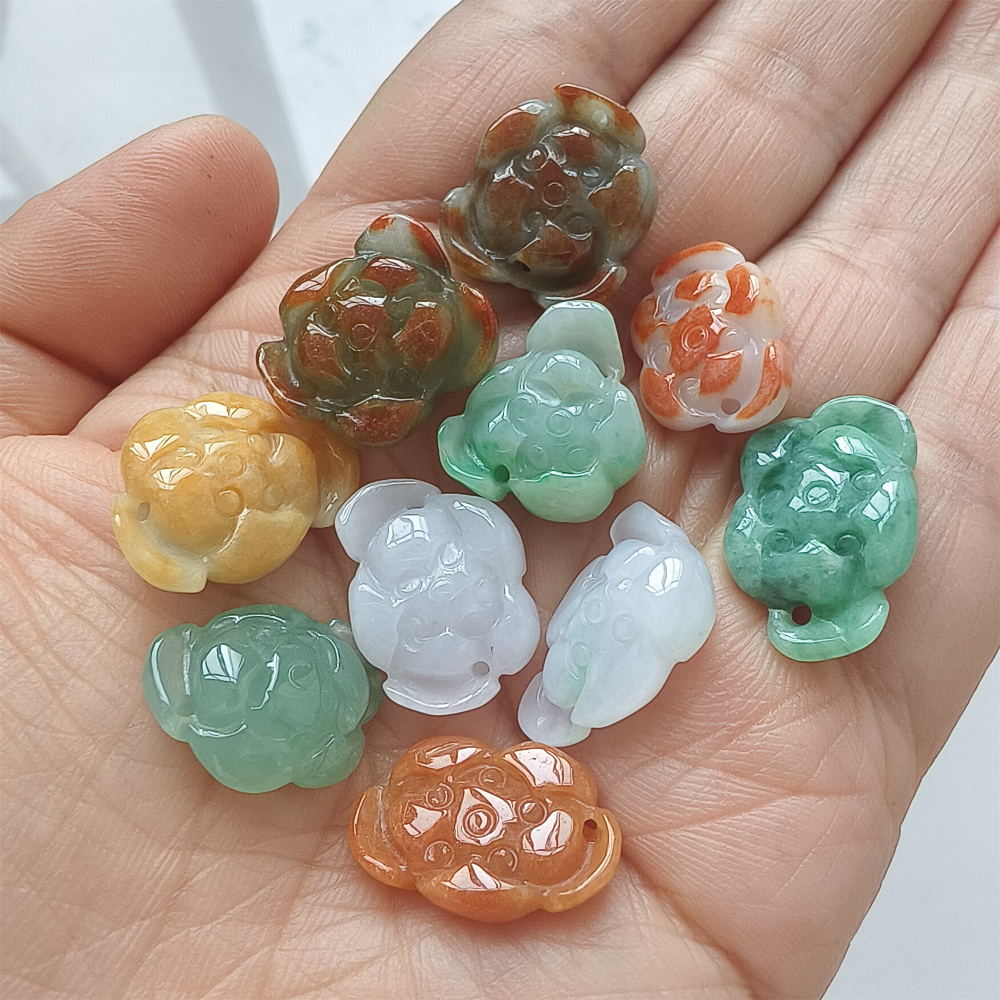 5pcs Natural Hand Carved Yellow Red White With Green Burmese Jadeite Lotus Pendants,Multi Colors Jadeite Pendants,DIY Jewelry Supplies