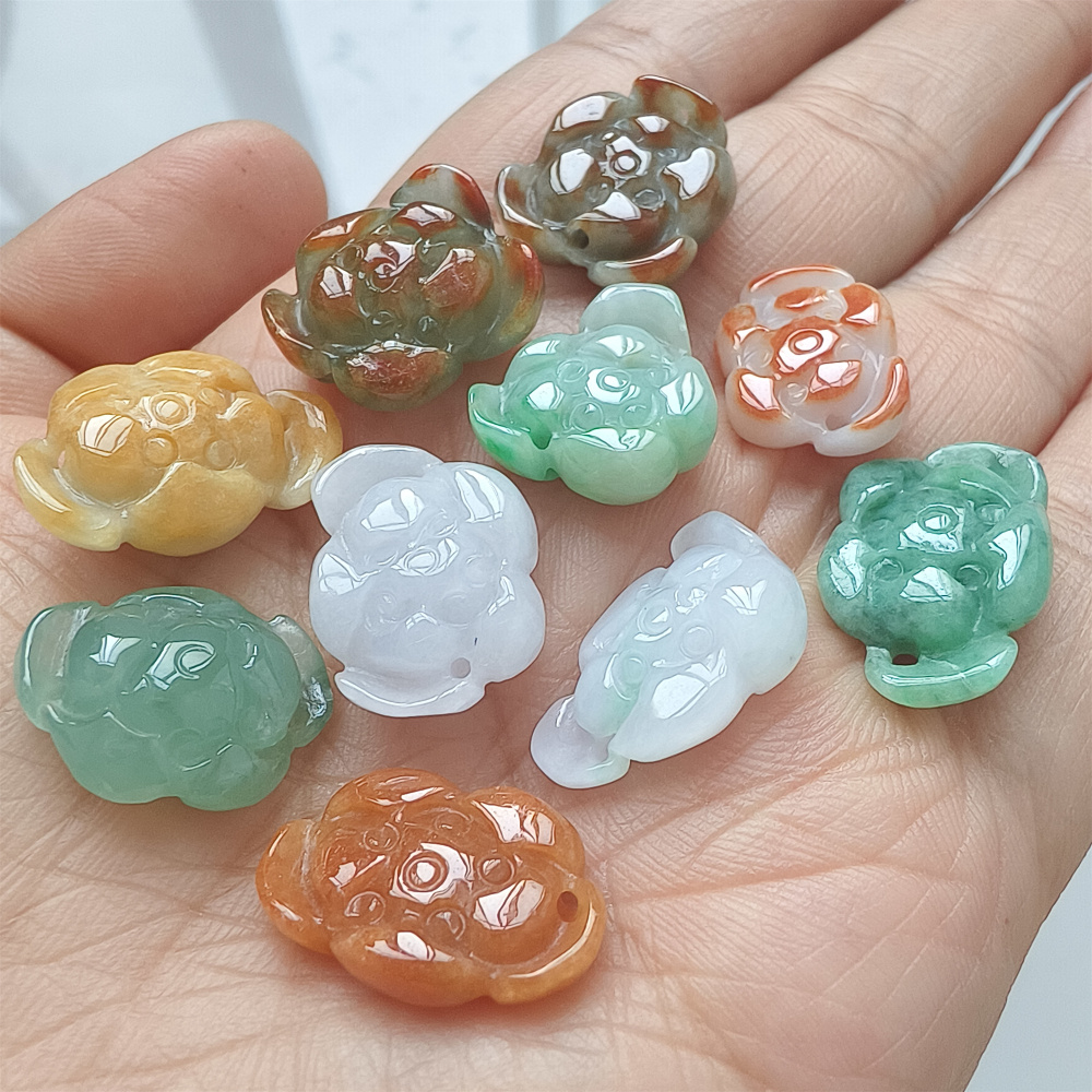 5pcs Natural Hand Carved Yellow Red White With Green Burmese Jadeite Lotus Pendants,Multi Colors Jadeite Pendants,DIY Jewelry Supplies