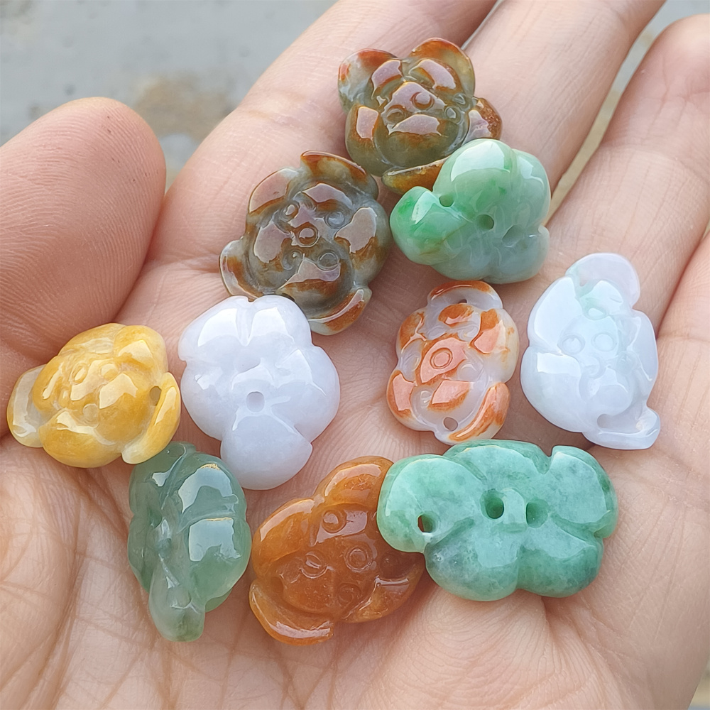 5pcs Natural Hand Carved Yellow Red White With Green Burmese Jadeite Lotus Pendants,Multi Colors Jadeite Pendants,DIY Jewelry Supplies
